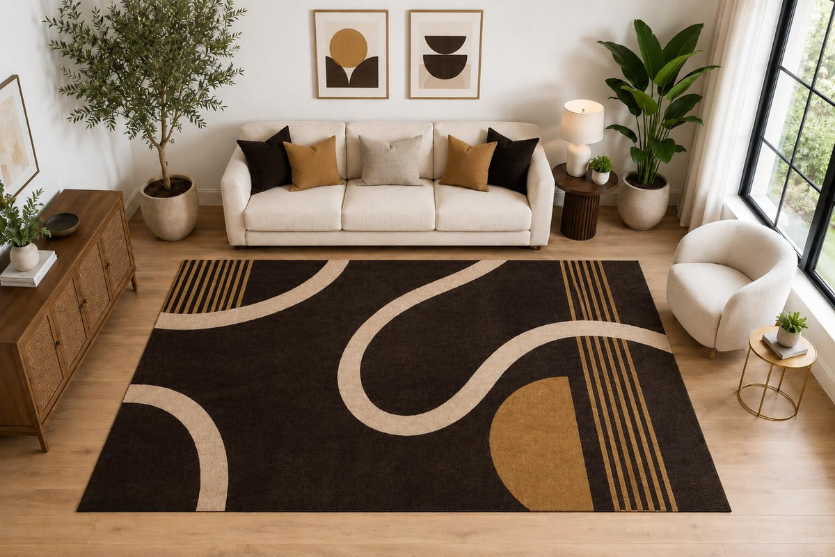 ICE ARMOR Large 6'7" x 9'10" Abstract Curved Line Area Rug for for Bedroom, Living Room, Soft Low Pile Indoor Rug with Non-Slip Silicone Backing, Dark Brown Beige Golden