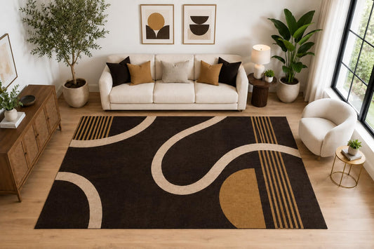 ICE ARMOR Large 6'7" x 9'10" Abstract Curved Line Area Rug for for Bedroom, Living Room, Soft Low Pile Indoor Rug with Non-Slip Silicone Backing, Dark Brown Beige Golden