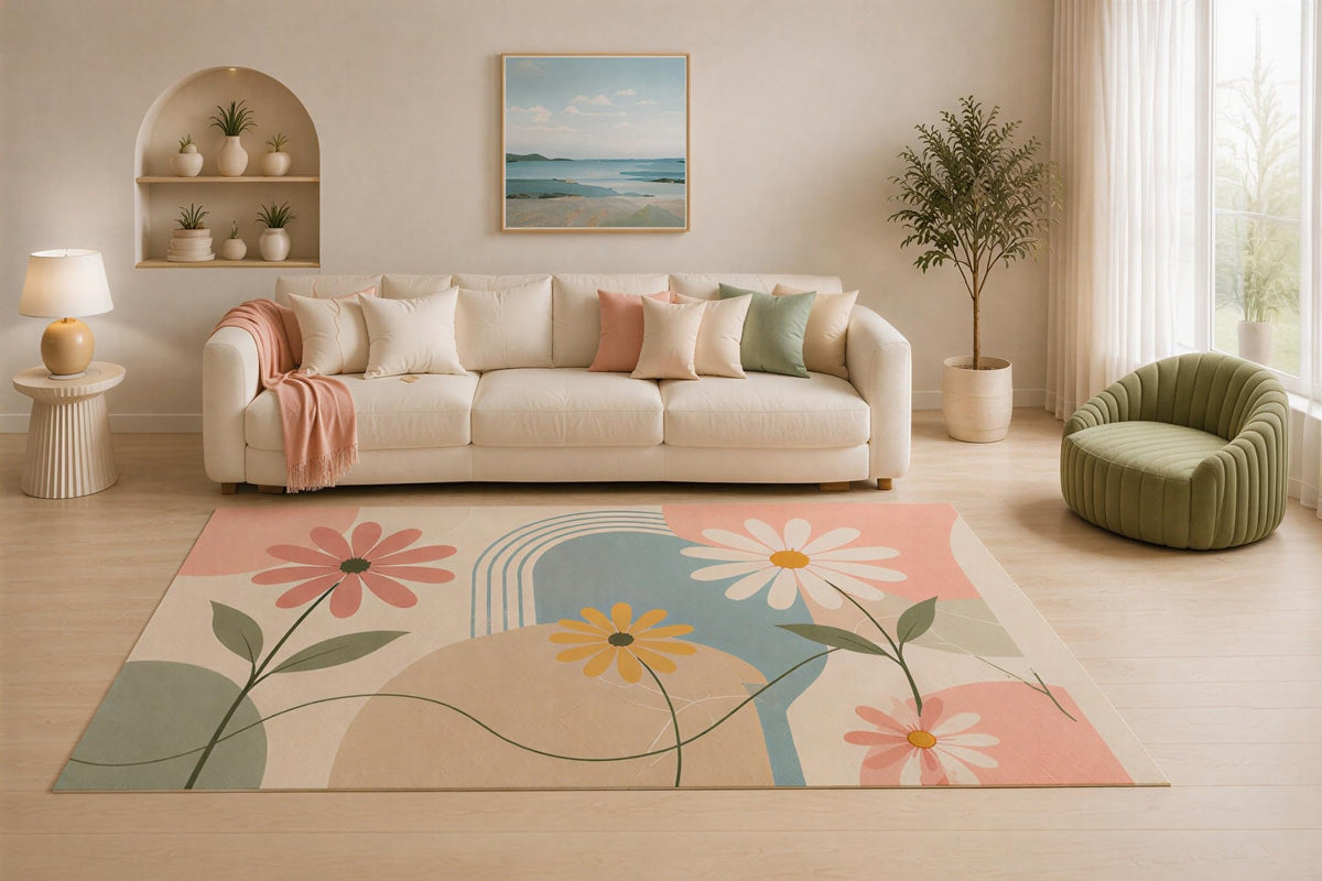 ICE ARMOR 5' x 7' Daisy Flower Area Rug, Modern Pastel Floral Landscape Design for Living Room Bedroom Nursery, Non-Slip Silicone Backing, Low Pile Carpet