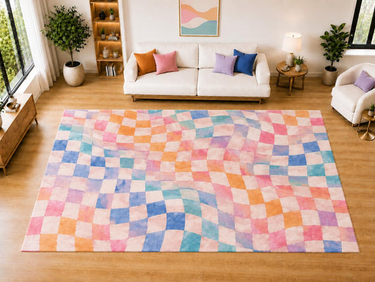 ICE ARMOR "Ultra Light Weight Large 6'7 x 9'10 Wavy Checkerboard Pattern Area Rug for Living Room, Dining Room, and Bedroom, Soft Low Pile Indoor Rug, Playful Floor Decor