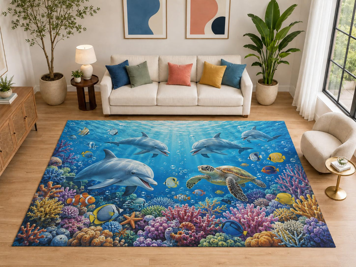 ICE ARMOR "Ultra Light Weight Large 6'7" x 9'10" Dolphins Sea Turtle Reef Area Rug for Kids Room, Soft Low Pile Indoor Rug and Non-Slip Silicone Backing, Blue