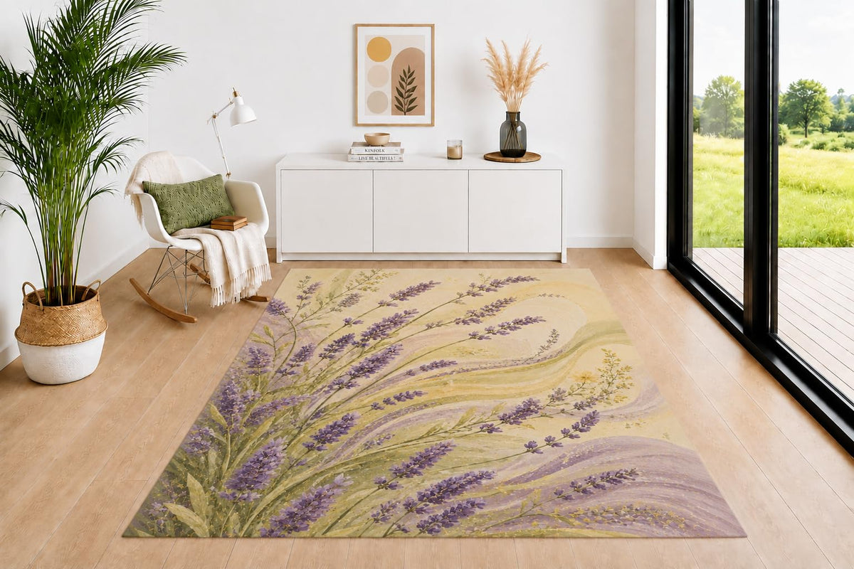 ICE ARMOR 5' x 7' Lavender Floral Area Rug for Living Room, Soft Low Pile Indoor Rug with Non-Slip Backing, Garden Carpet for Bedroom, Dining Room, Office, Purple Cream