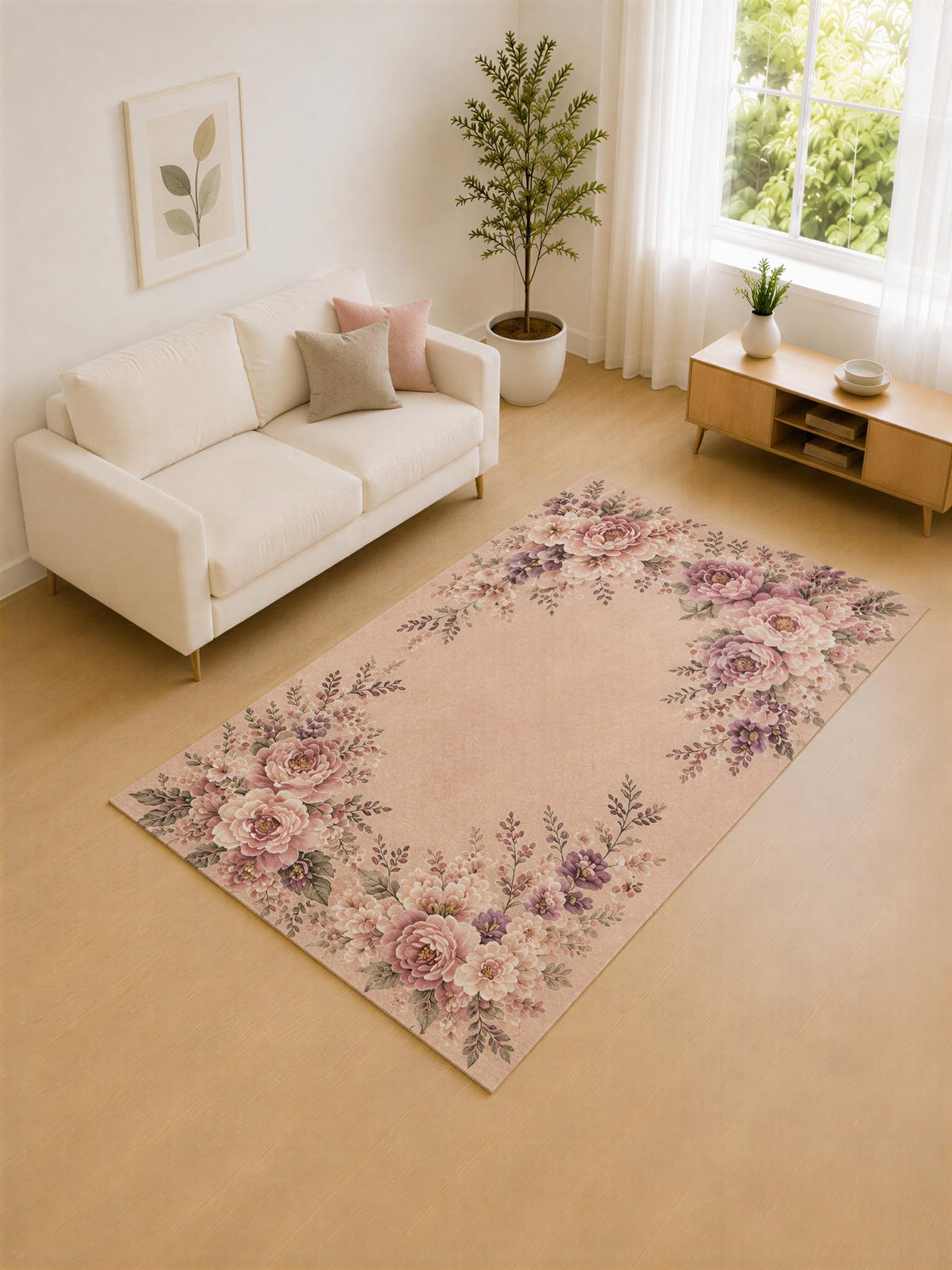 ICE ARMOR "Ultra Lightweight 5' x 7' Pink and Mauve Peony Border Area Rug for Living Room, Bedroom and Home Office, Soft Low Pile Carpet with Non-Slip Silicone Backing