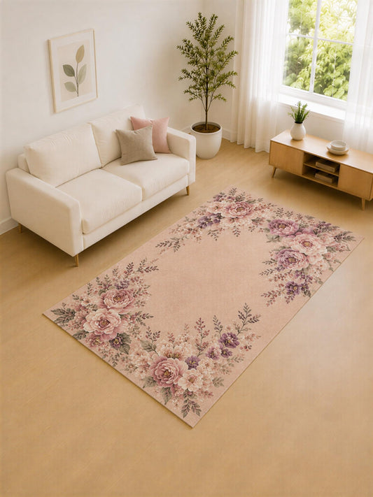 ICE ARMOR "Ultra Lightweight 5' x 7' Pink and Mauve Peony Border Area Rug for Living Room, Bedroom and Home Office, Soft Low Pile Carpet with Non-Slip Silicone Backing