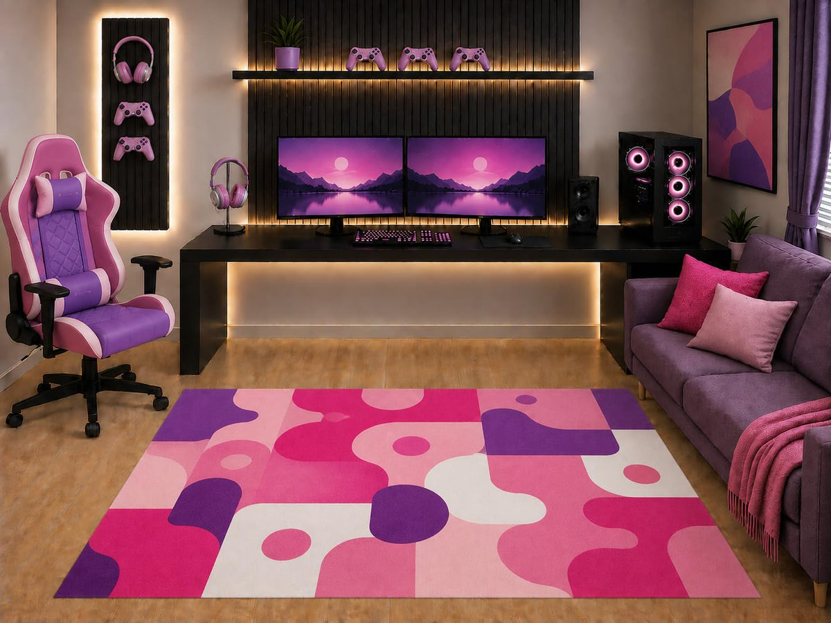 ICE ARMOR "Ultra Light Weight 5' x 7' Pink Purple Abstract Area Rug Retro Organic Geometric Art for Girls Teen Bedroom Gaming Room Playroom Non-Slip Silicone Backing Low Pile