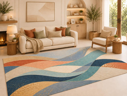 ICE ARMOR 6'7" x 9'10" Pastel Curved Waves Area Rug for Living Room, Soft Low Pile Carpet with Non-Slip Silicone Backing, for Bedroom, Dining Area and Office, Multicolored, Perfect for Open Spaces