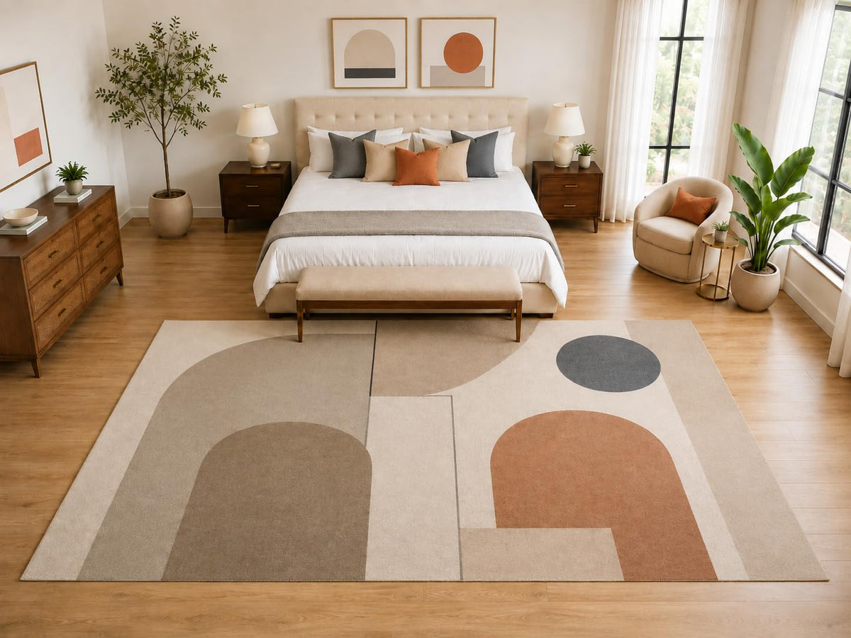 ICE ARMOR "Ultra Light Weight Large 6'7" x 9'10" Minimal Geometric Shapes Rug, Soft Low Pile Indoor Rug, Non-Slip Silicone Backing for Office Beige