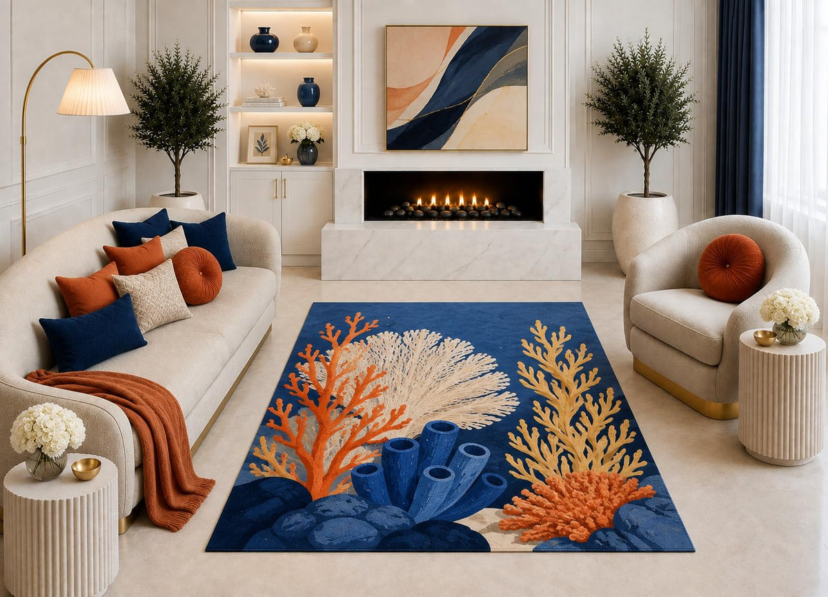 ICE ARMOR "Ultra Light Weight 5' x 7' Blue Orange Coral Reef Area Rug, Coastal Ocean Botanical Art for Living Room Bedroom Beach House, Non-Slip Silicone Backing Low Pile