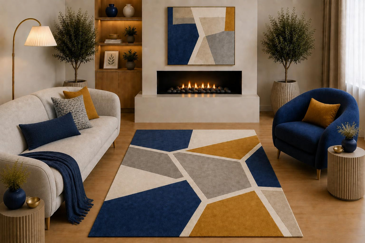 ICE ARMOR "Ultra Light Weight 5' x 7' Modern Abstract Geometric Area Rug Navy Blue Mustard Beige Gray Contemporary Design for Living Room Bedroom Dining Room Non-Slip Silicone Backing Low Pile