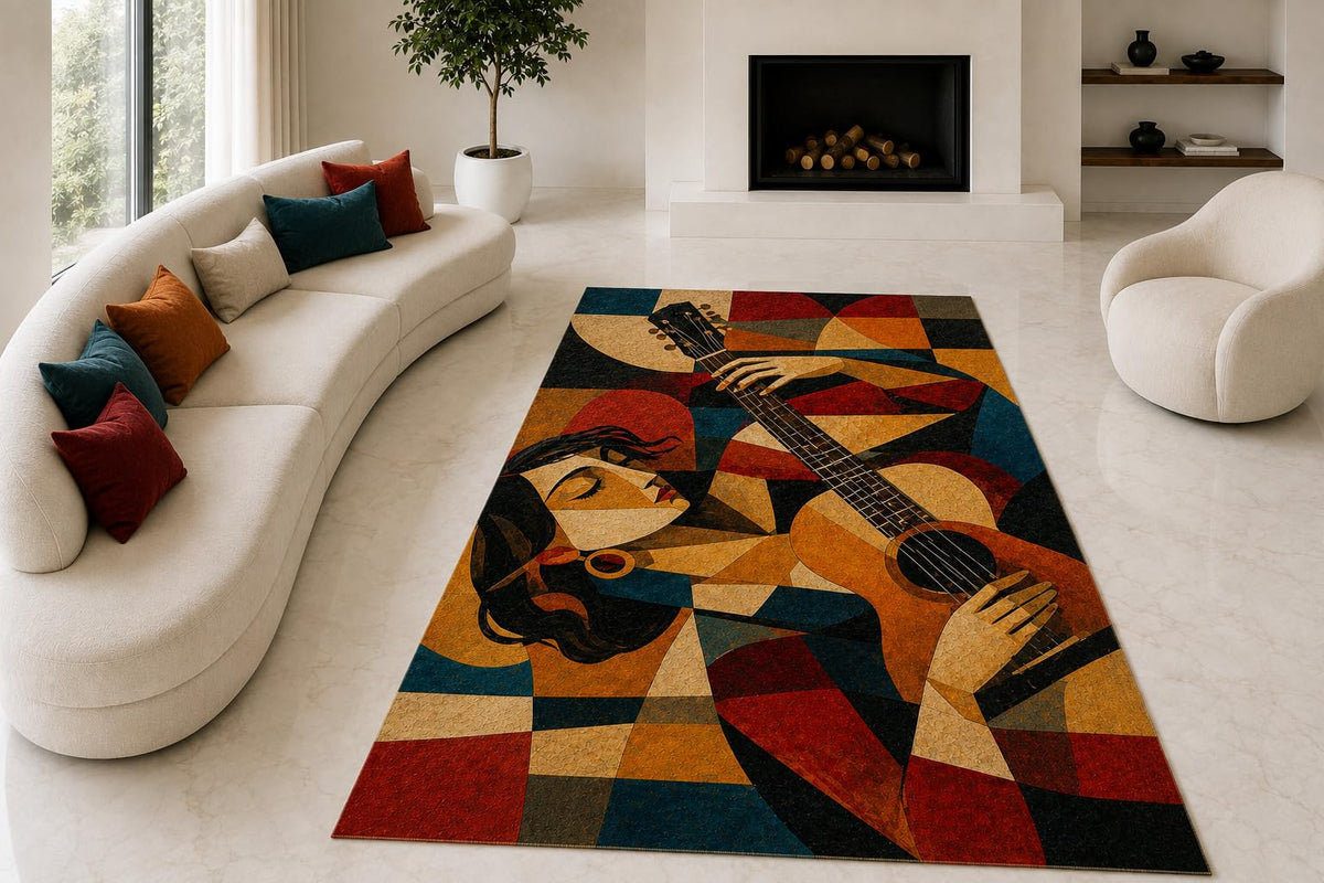 ICE ARMOR "Ultra Lightweight Large 6'7" x 9'10" Cubist Guitar Woman Area Rug for Living Room, Bedroom and Home Office, Soft Low Pile Carpet with Non-Slip Silicone Backing, Red and Black