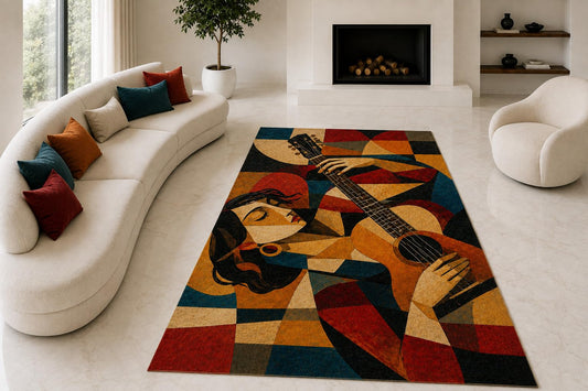 ICE ARMOR "Ultra Lightweight Large 6'7" x 9'10" Cubist Guitar Woman Area Rug for Living Room, Bedroom and Home Office, Soft Low Pile Carpet with Non-Slip Silicone Backing, Red and Black