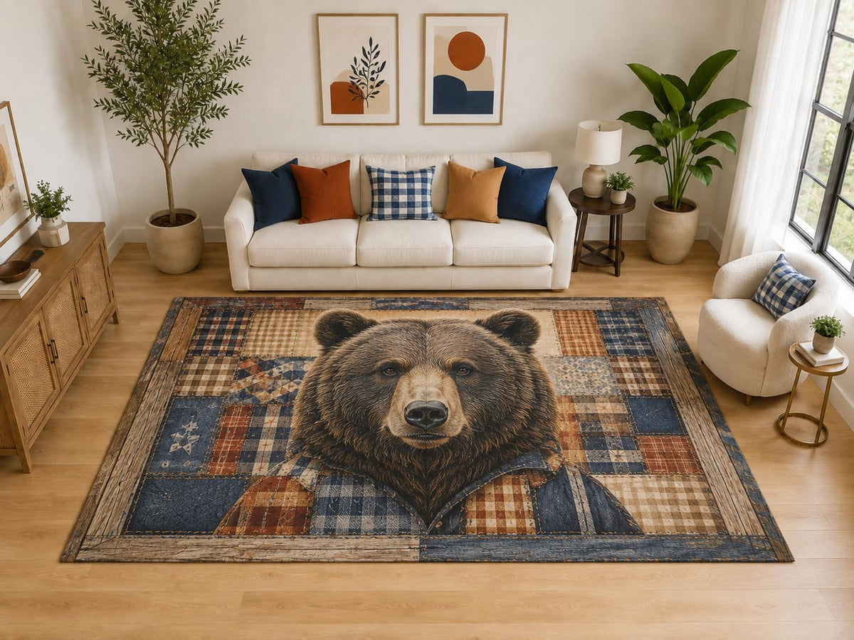 ICE ARMOR "Ultra Light Weight Large 6'7" x 9'10" Grizzly Patchwork Rug, Soft Low Pile Indoor Rug, Non-Slip Silicone Backing for Bedroom Brown