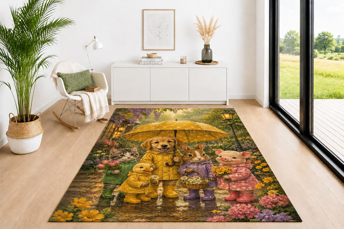 ICE ARMOR 5' x 7' Cute Rainy Day Animal Area Rug, Soft Low Pile Non-Slip Indoor Carpet with Woodland Friends Design for Living Room, Bedroom, Office, Dining Room