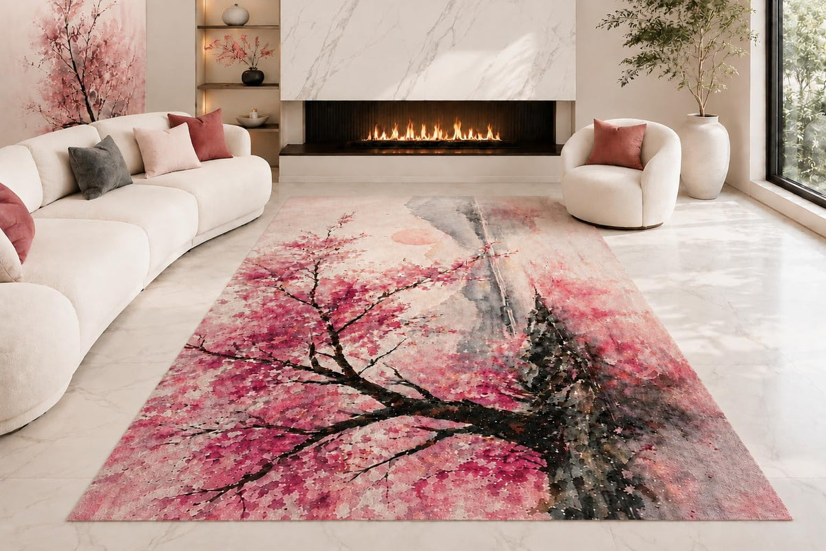 ICE ARMOR "Ultra Lightweight Large 6'7" x 9'10" Pink Blossom Branch Area Rug for Living Room, Bedroom and Home Office, Soft Low Pile Carpet with Non-Slip Silicone Backing, Pink and Gray