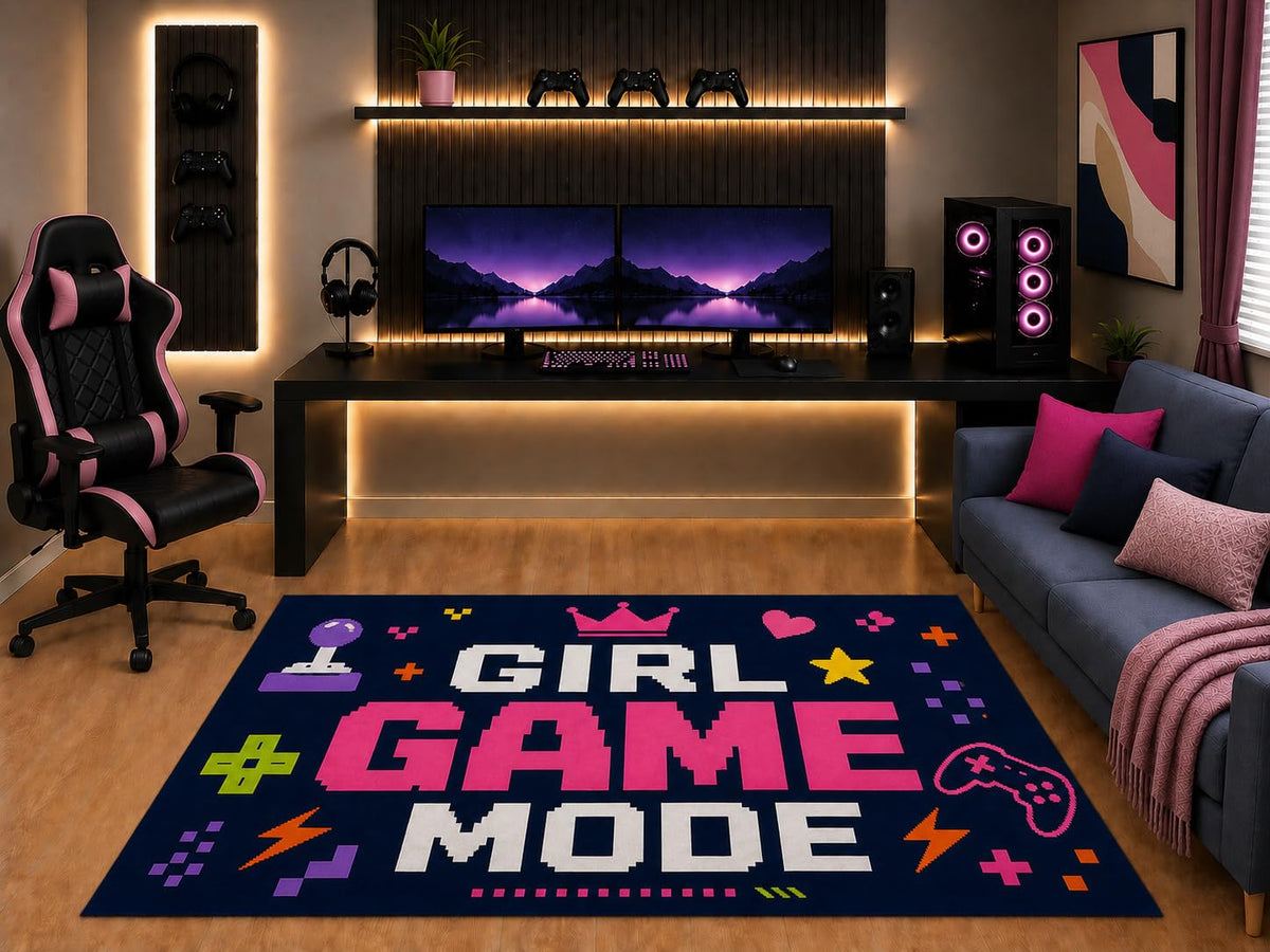 ICE ARMOR "Ultra Light Weight 5' x 7' Girl Game Mode Area Rug Pink Pixel Arcade Controller Graphic for Girls Teen Bedroom Gaming Room Playroom Non-Slip Silicone Backing Low Pile