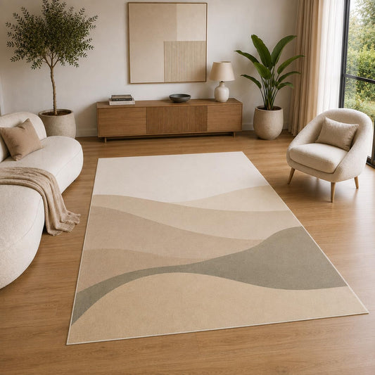 ICE ARMOR 5' x 7' Modern Minimalist Abstract Area Rug for Living Room, Soft Low Pile Indoor Rug with Non-Slip Silicone Backing, Decorative Carpet for Bedroom, Office, Beige