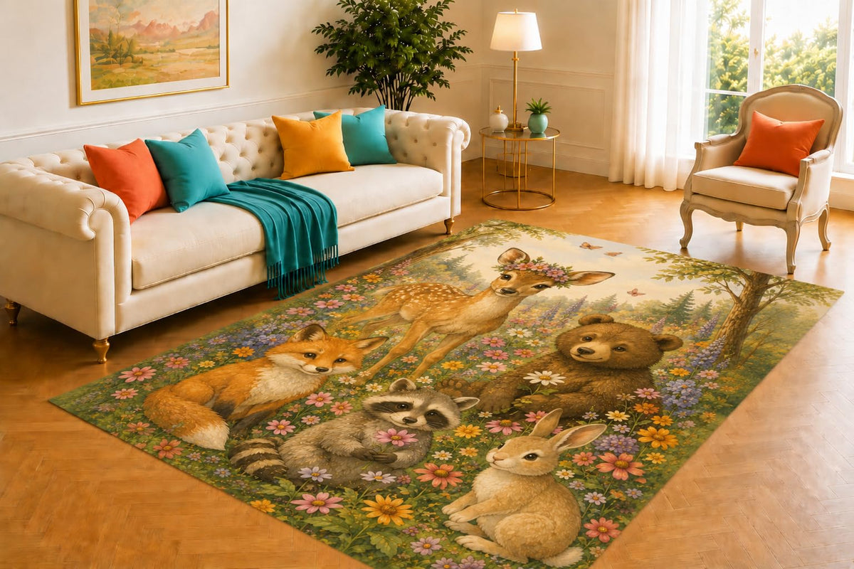 ICE ARMOR 5' x 7' Woodland Friends Rug, Deer, Bear, Fox, Raccoon and Bunny Gathered in a Blooming Meadow, Cheerful Floor Cover for Kids Room or Nursery