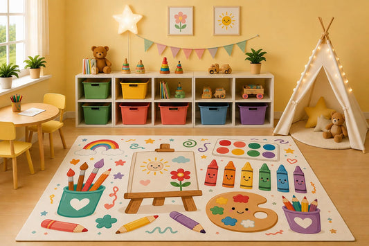 ICE ARMOR 5' x 7' Arts and Crafts Area Rug for Kids Playroom Nursery Bedroom, Painting Easel Paint Brushes Crayons Color Palette Educational Cartoon Decor, Non-Slip Silicone Backing Low Pile