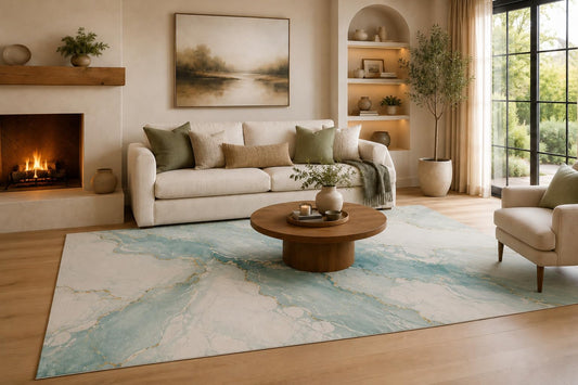 ICE ARMOR Large 6'7" x 9'10" Aqua Blue, Ivory and Golden Color Marble Flow Area Rug for Living Room, Soft Low Pile Carpet with Non-Slip Silicone Backing, Decor for Bedroom and Home Office