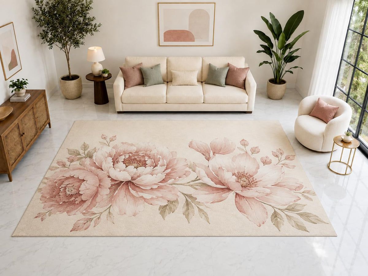 ICE ARMOR "Ultra Light Weight Large 6'7" x 9'10" Blush Peony Rug, Soft Low Pile Indoor Rug, Non-Slip Silicone Backing for Living Room Beige Pink