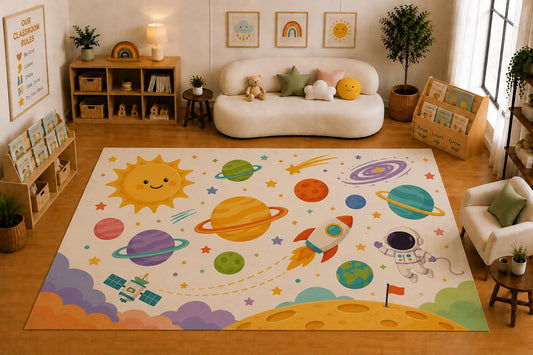 ICE ARMOR Large 6'7" x 9'10" Space Planets Astronaut Rocket Area Rug for for Kids Room, Classroom, Bedroom, Playroom Decor, Soft Low Pile Indoor Rug with Non-Slip Silicone Backing, Cream Multicolor