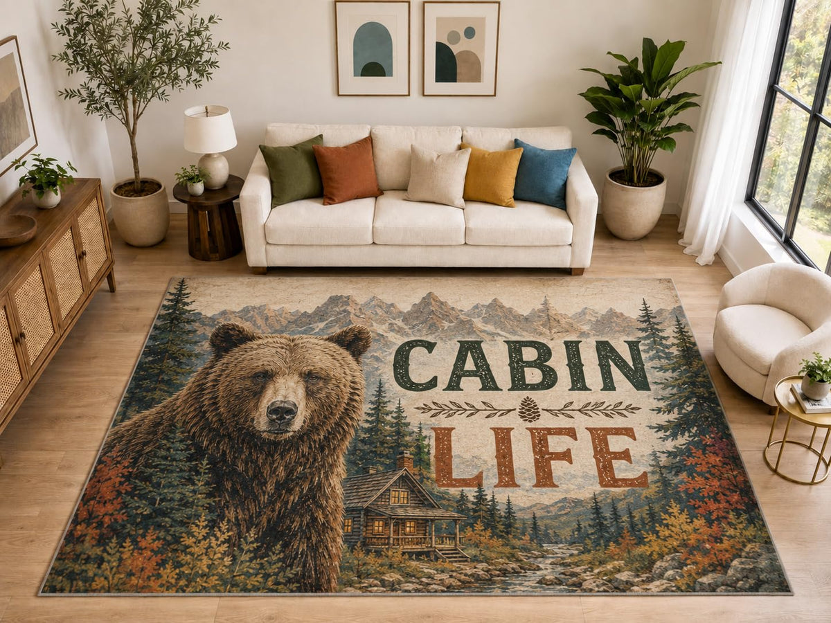 ICE ARMOR "Ultra Light Weight Large 6'7" x 9'10" Cabin Life Bear Rug, Soft Low Pile Indoor Rug, Non-Slip Silicone Backing for Living Room Brown