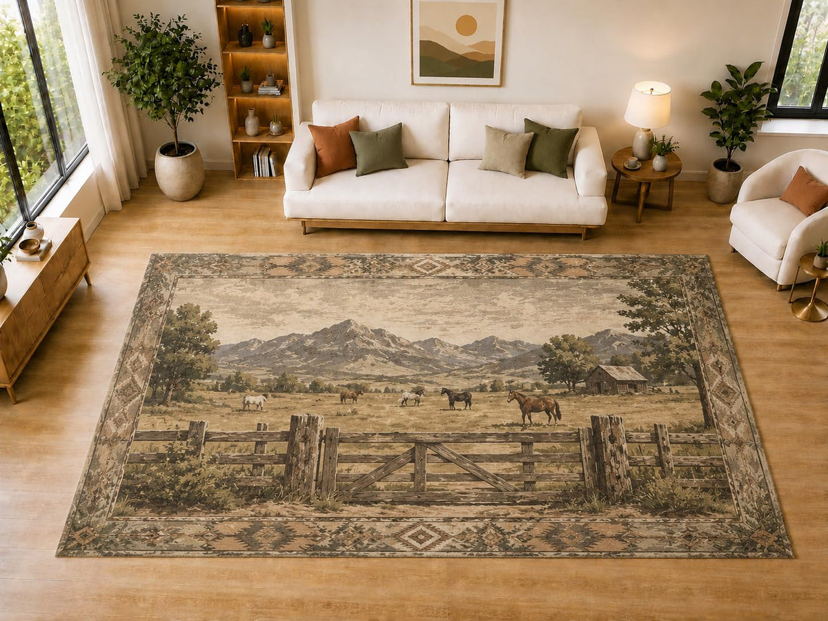 ICE ARMOR "Ultra Light Weight Large 6'7" x 9'10" Western Horse Ranch Mountain Area Rug for Living Room, Bedroom, Dining Room, Soft Low Pile Non-Slip Backing, Brown Taupe