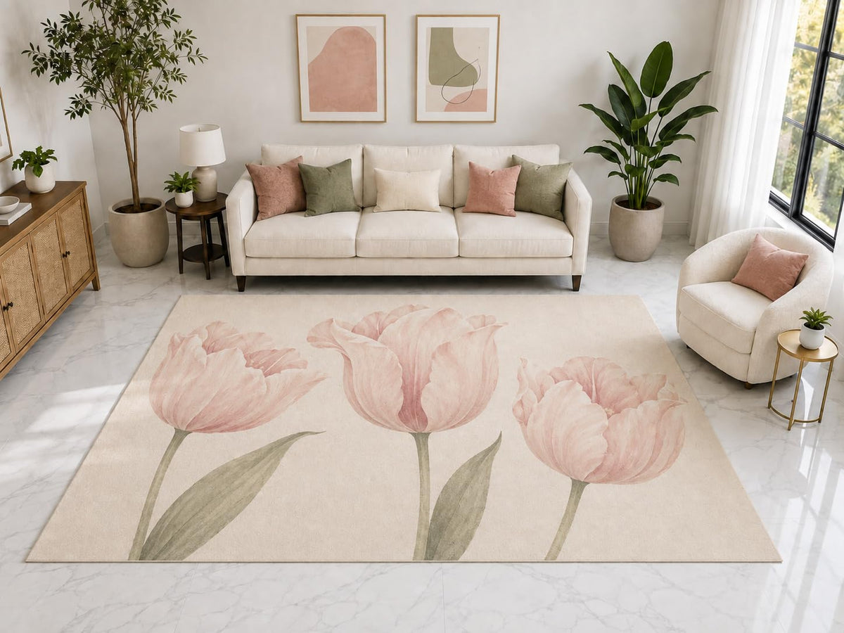 ICE ARMOR "Ultra Light Weight Large 6'7" x 9'10" Pink Tulip Floral Rug, Soft Low Pile Indoor Rug, Non-Slip Silicone Backing for Living Room Pink