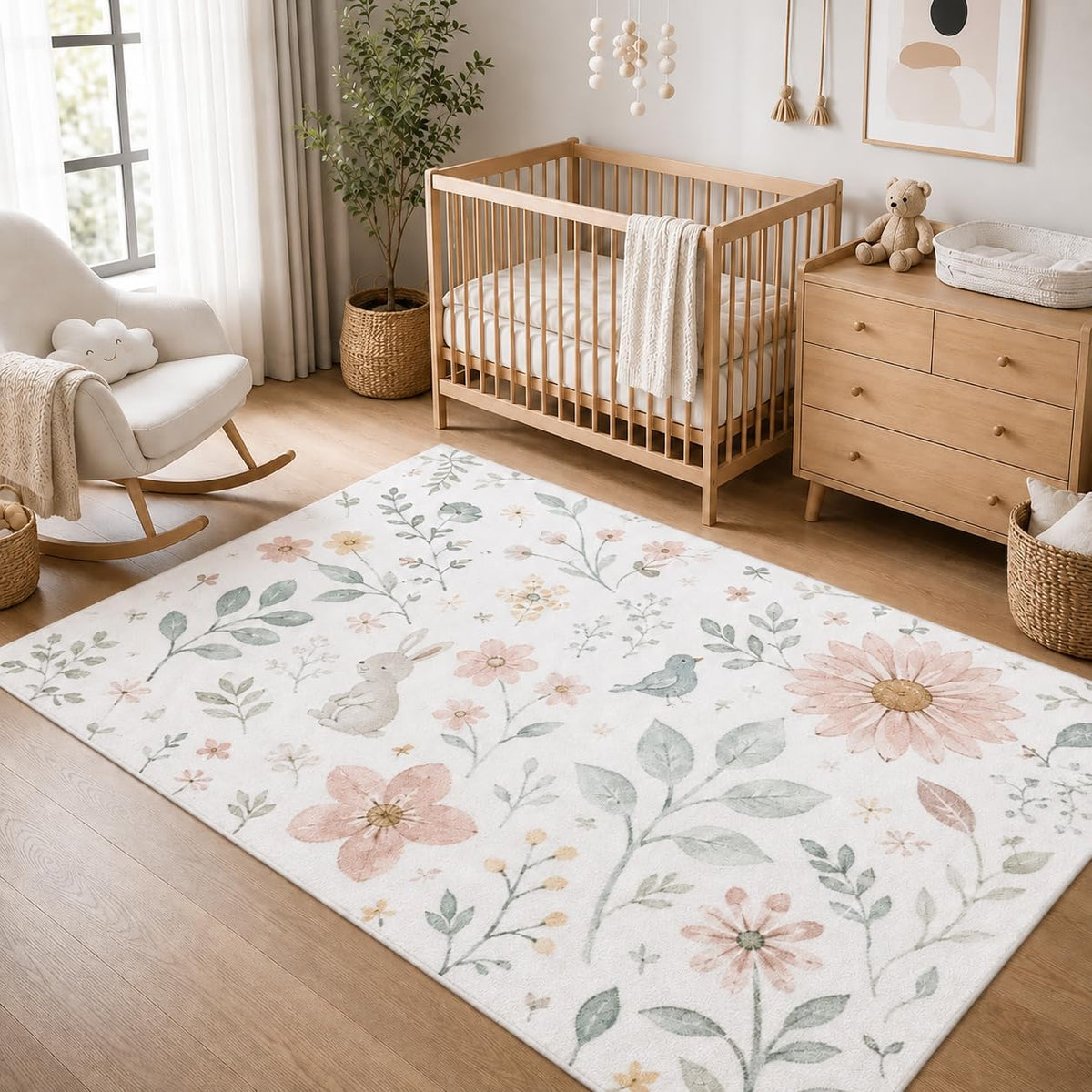 ICE ARMOR 5' x 7' Wildflower Bunny Garden Area Rug, Soft Low Pile Indoor Rug with Non-Slip Silicone Backing, Floral Nursery Carpet for Kids Room, Playroom, Bedroom
