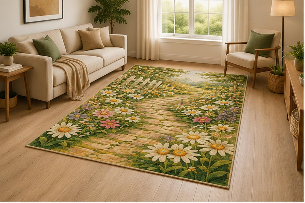 ICE ARMOR 5' x 7' Retro Floral Wave Area Rug for Living Room, Soft Low Pile Indoor Rug with Non-Slip Silicone Backing, Decorative Carpet for Bedroom, Office, Family Room, Kids & Pets,