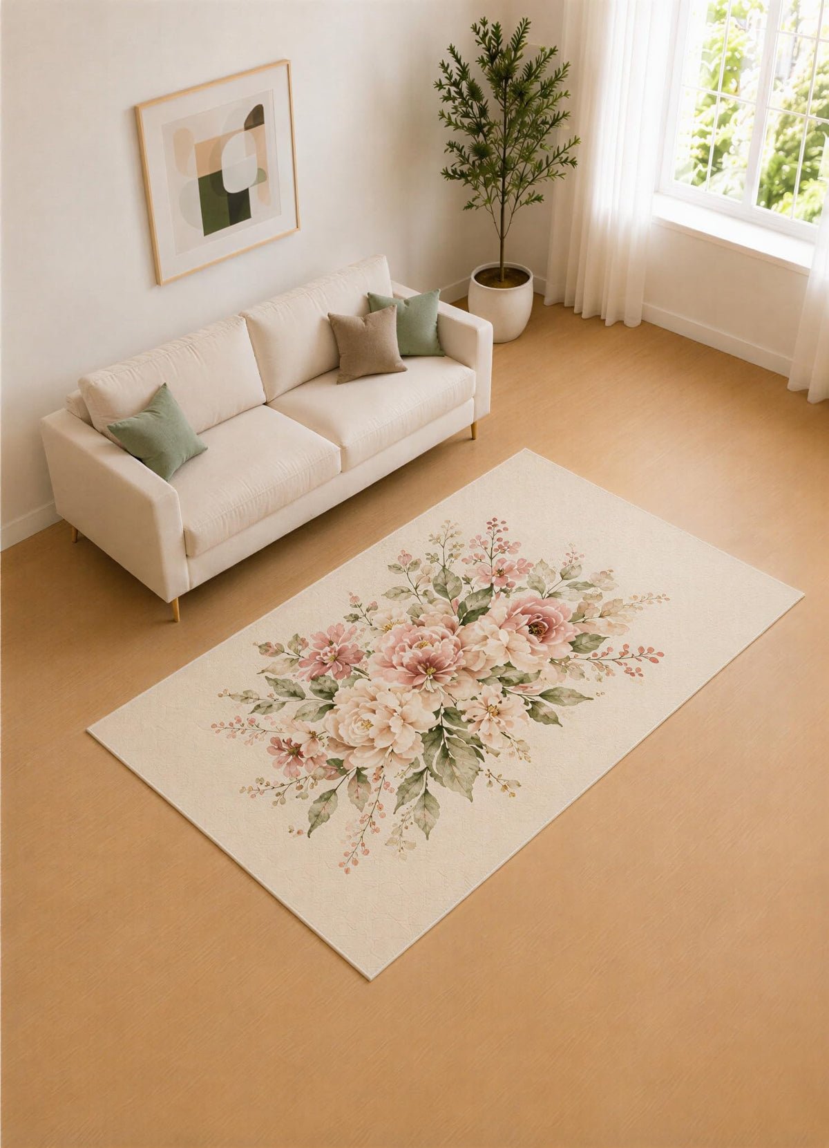 ICE ARMOR 5' x 7' Blush Pink and Ivory Floral Bouquet Area Rug for Living Room, Soft Low Pile Carpet with Non-Slip Silicone Backing, Decor for Bedroom and Home Office