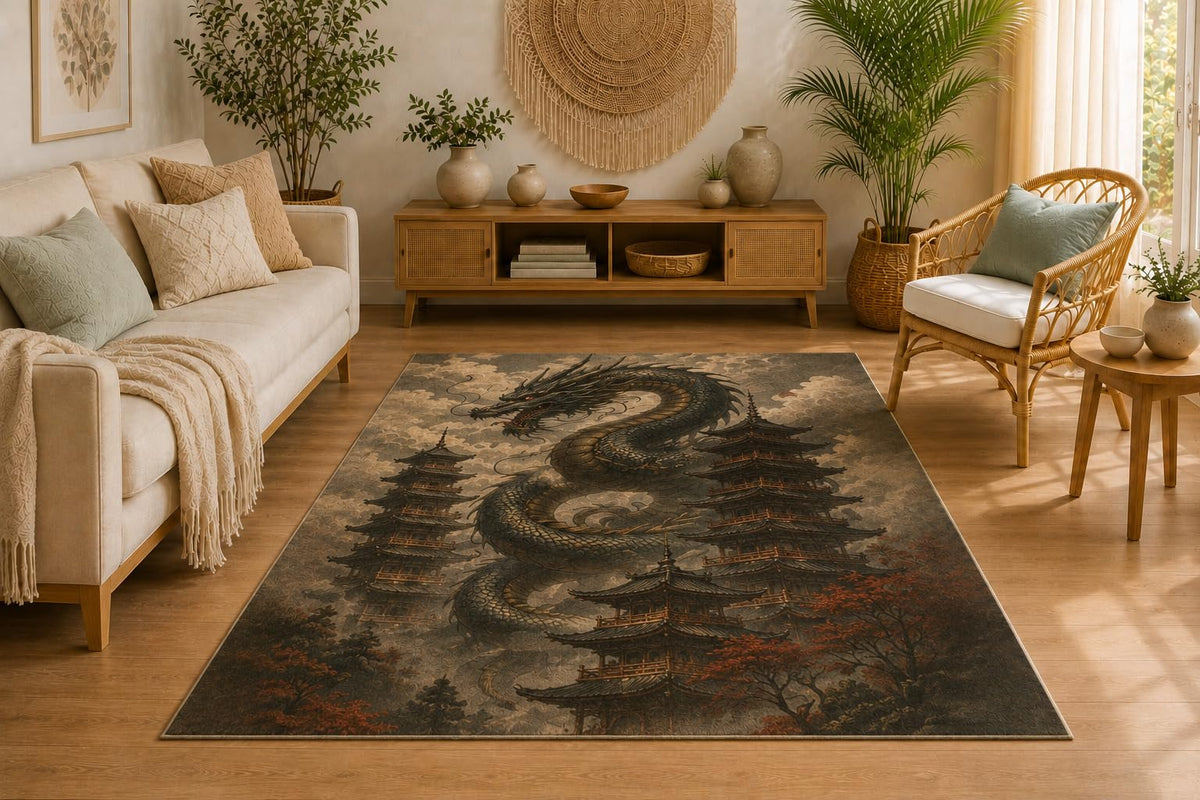 ICE ARMOR 5' x 7' Imperial Dragon Pagoda Area Rug for Living Room, Soft Low Pile Indoor Rug with Non-Slip Silicone Backing, Decorative Carpet for Bedroom, Office & Family Room, Gray