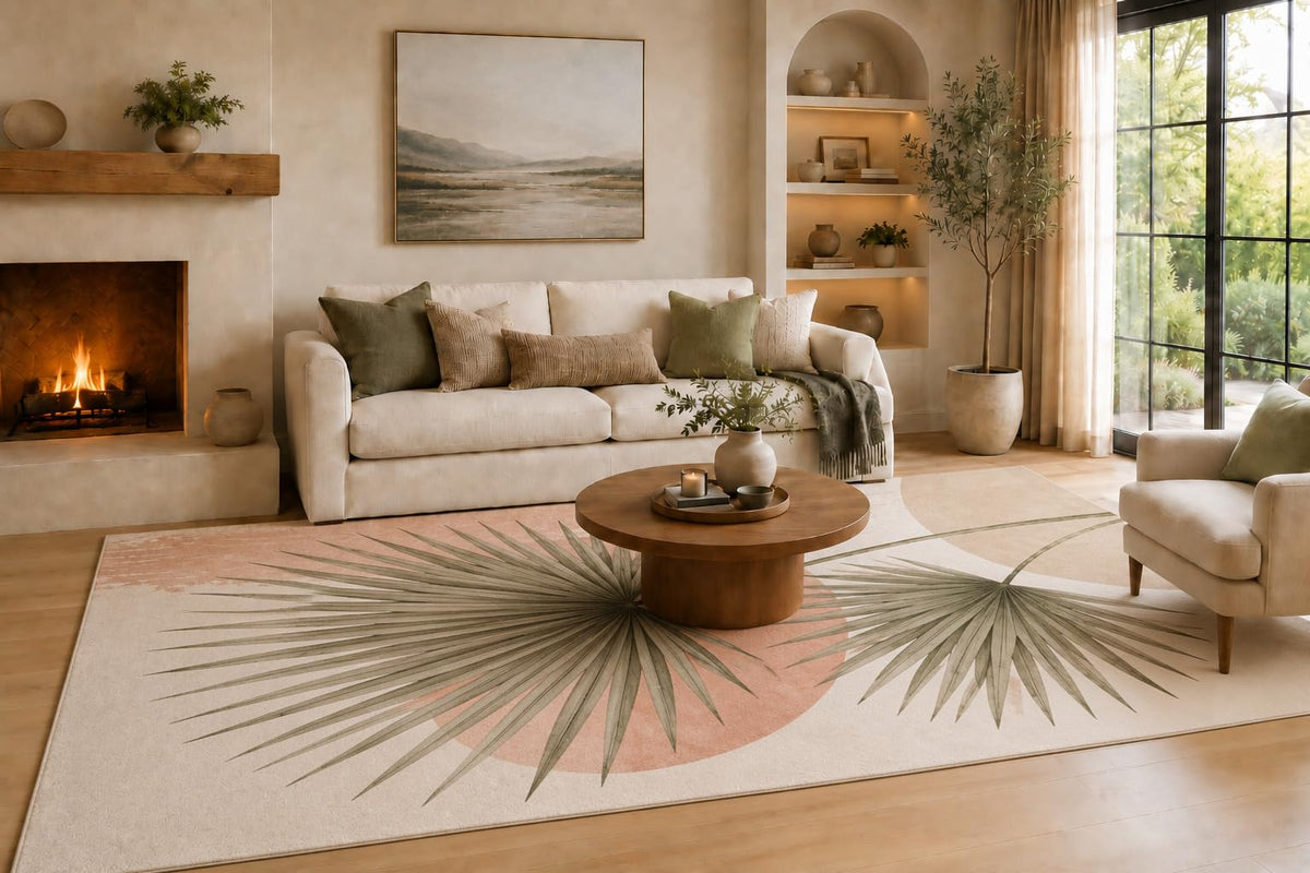 ICE ARMOR 6'7" x 9'10" Cream Blush and Sage Palm Leaf Area Rug with Fan Fronds and Soft Circular Accents, Soft Low Pile Non-Slip Indoor Carpet for Living Room, Bedroom, Dining Room