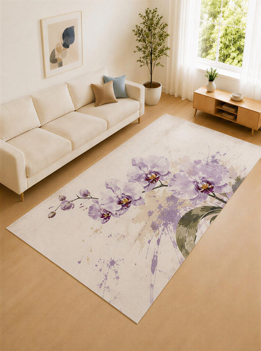ICE ARMOR Large 6'7" x 9'10" Lavender Purple and Ivory Orchid Splash Area Rug for Living Room, Soft Low Pile Carpet with Non-Slip Silicone Backing, Decor for Bedroom and Home Office