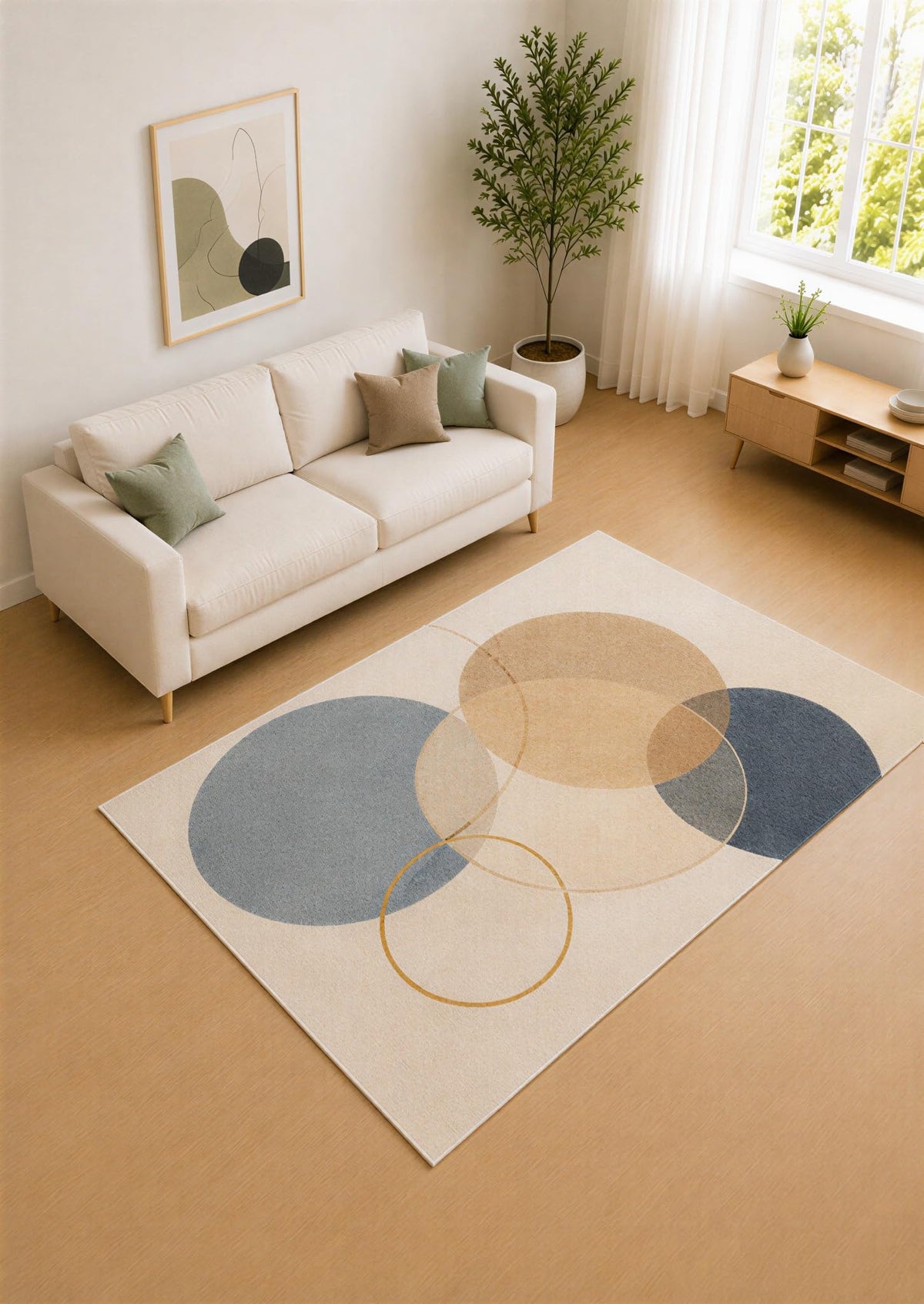 ICE ARMOR 5' x 7' Slate Blue and Beige Overlap Circles Area Rug for Living Room, Soft Low Pile Carpet with Non-Slip Silicone Backing, Decor for Bedroom and Home Office