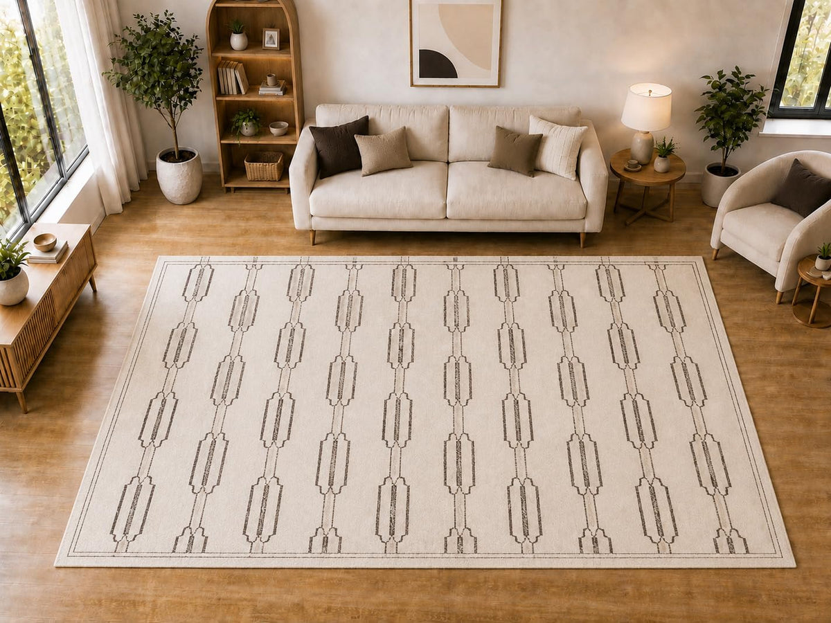 ICE ARMOR "Ultra Light Weight Large 6'7 x 9'10 Brown Linked Rectangle Pattern Area Rug for Living Room Bedroom Dining Room Soft Low Pile Indoor Carpet Modern Geometric Floor Decor