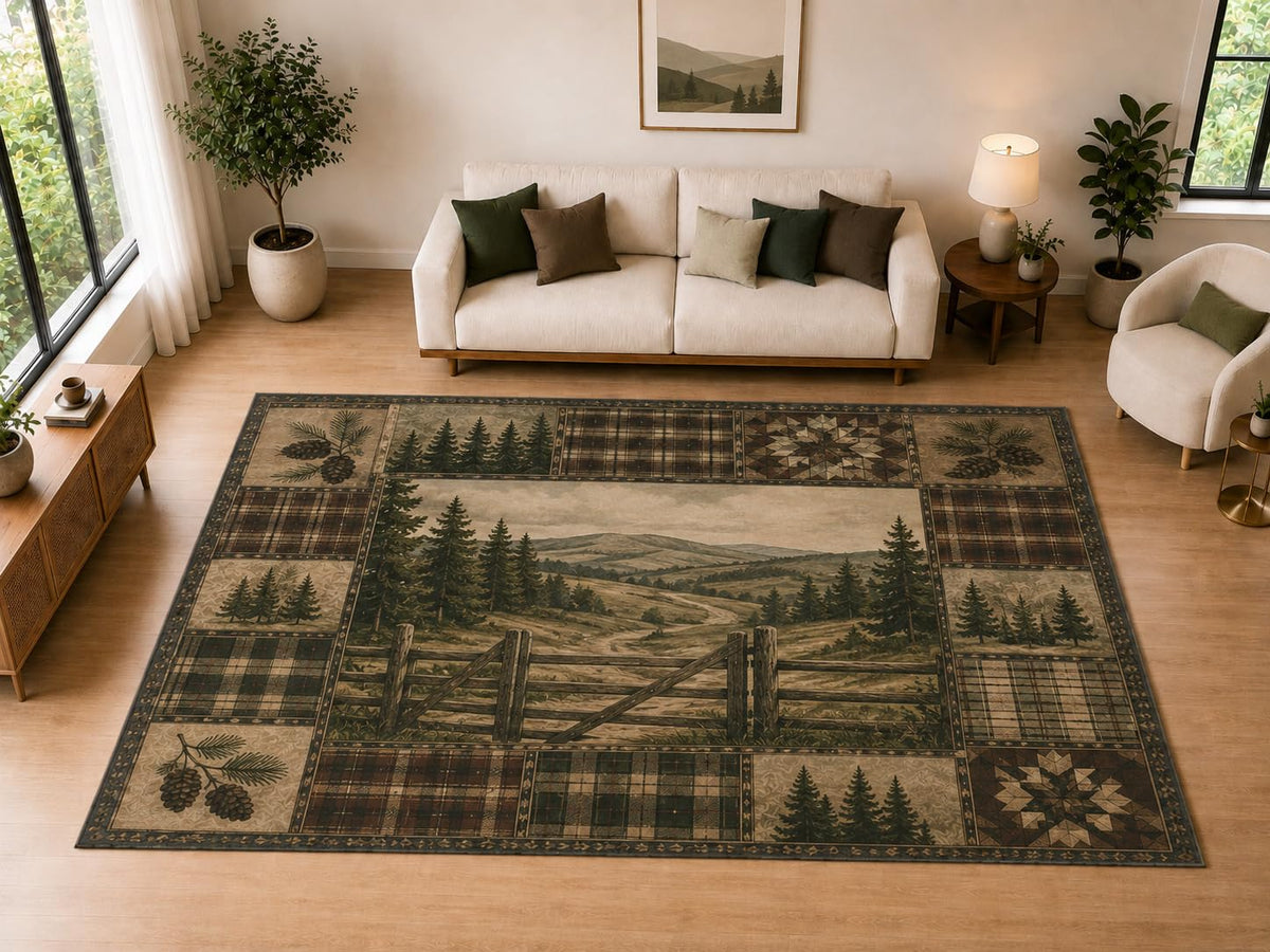 ICE ARMOR "Ultra Light Weight Large 6'7" x 9'10" Mountain Gate Patchwork, Living Room, Bedroom, Dining Room, Office, Family Room, Soft Low Pile Indoor Rug, Non-Slip Silicone Backing, Brown