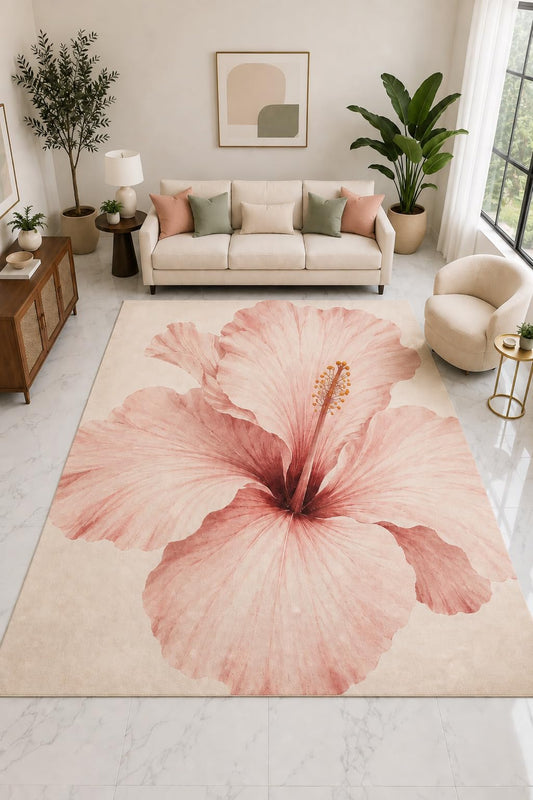 ICE ARMOR "Ultra Light Weight Large 6'7" x 9'10" Hibiscus Floral Rug, Soft Low Pile Indoor Rug, Non-Slip Silicone Backing for Living Room Pink