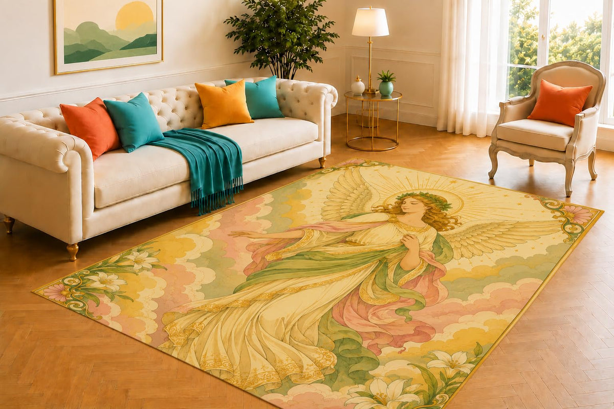 ICE ARMOR 5' x 7' Angel in Clouds Area Rug for Living Room, Soft Low Pile Indoor Rug with Non-Slip Silicone Backing, Carpet for Bedroom, Dining Room, Office, Brown