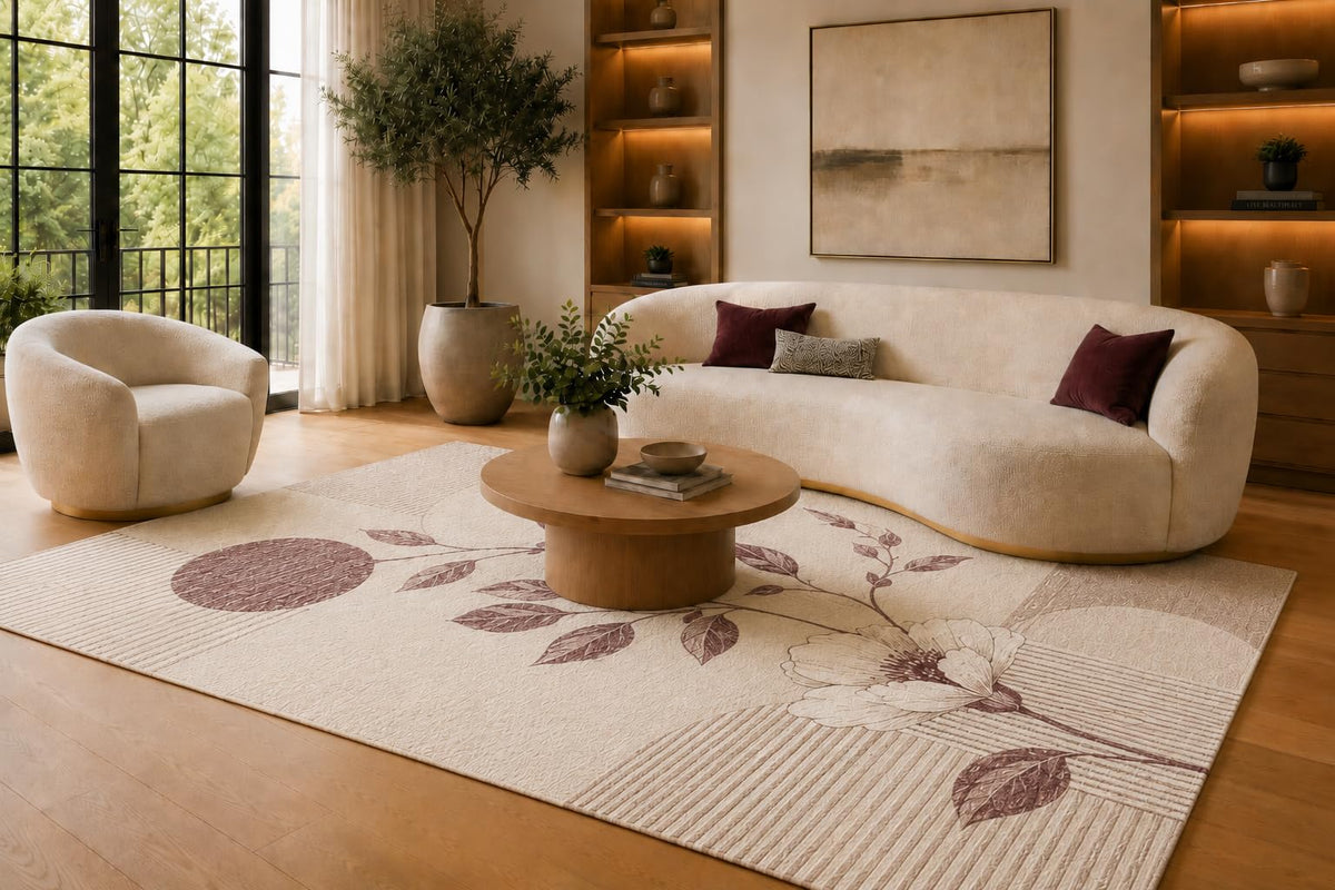 ICE ARMOR 6'7" x 9'10" Cream and Maroon Botanical Bloom Area Rug for Living Room, Soft Low Pile Carpet with Non-Slip Silicone Backing, Floor Decor for Bedroom, Dining Room and Home Office