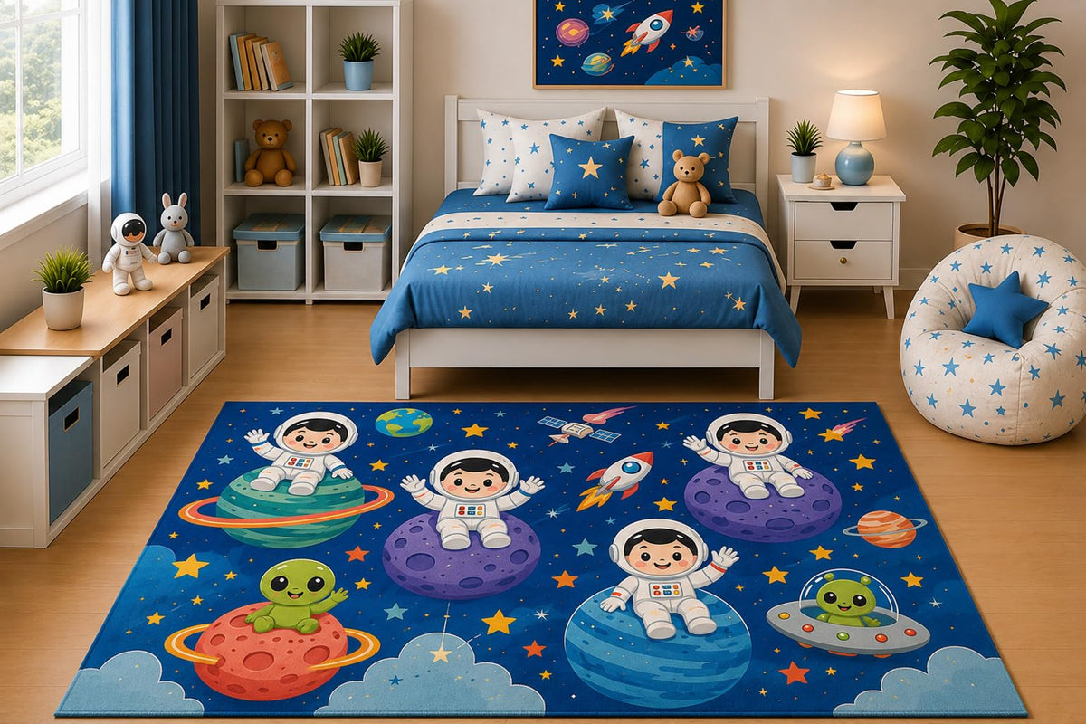 ICE ARMOR 5' x 7' Cute Space Astronaut Area Rug Cartoon Planets Galaxy Stars Nursery Bedroom Playroom Decor for Boys Kids Room Non-Slip Silicone Backing Low Pile