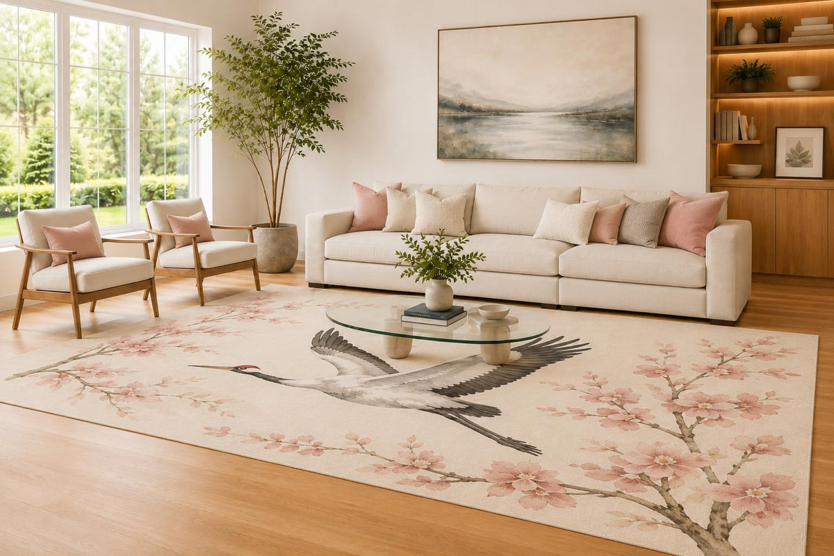 ICE ARMOR Large 6'7" x 9'10" Blush Pink and Cream Crane Blossoms Area Rug for Living Room, Soft Low Pile Carpet with Non-Slip Silicone Backing, Decor for Bedroom and Home Office