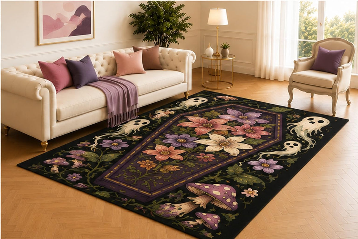 ICE ARMOR 5' x 7' Ghost Coffin Garden Rug, Black Floral Pattern with Purple Casket, Mushrooms and Spirits, Gothic Floor Accent for Bedroom, Den or Entryway