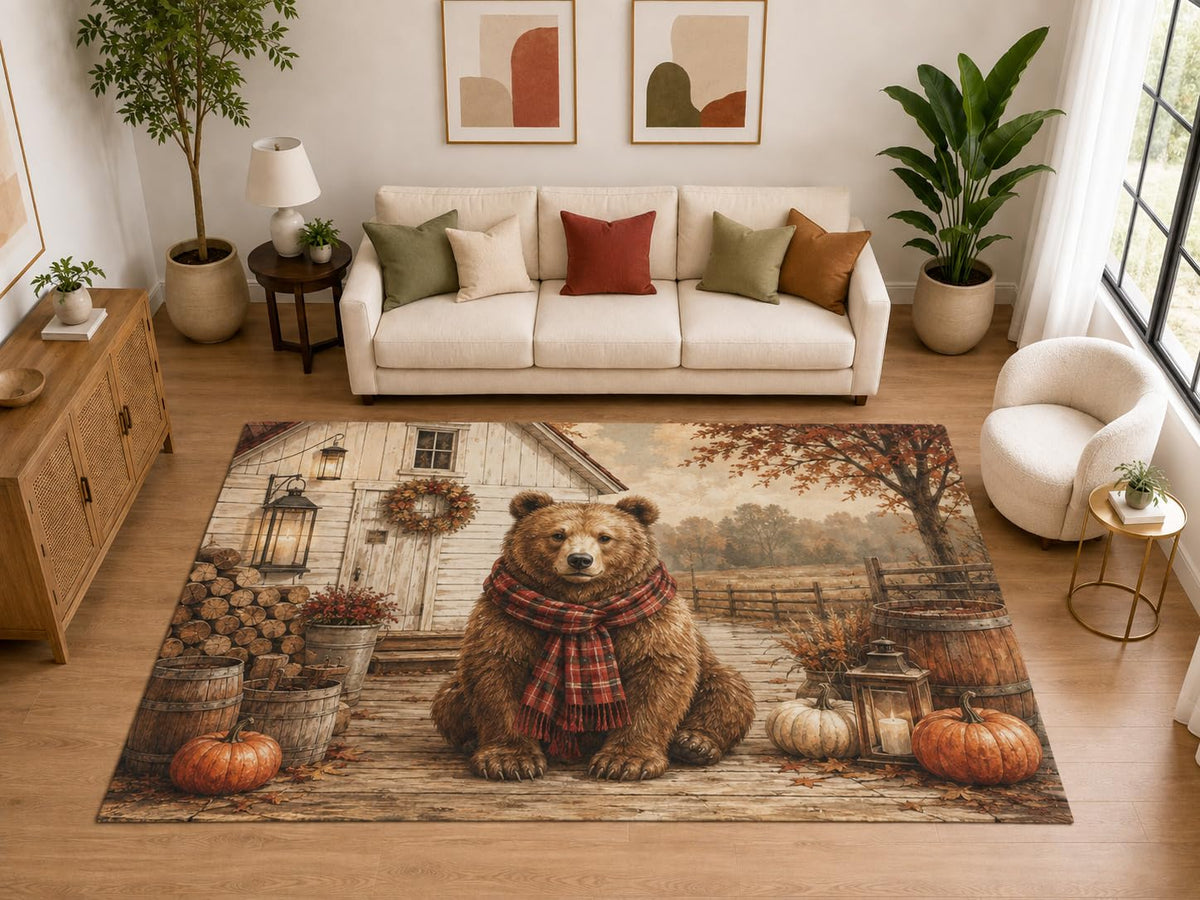 ICE ARMOR "Ultra Light Weight Large 6'7" x 9'10" Scarf Bear Farmhouse Rug, Soft Low Pile Indoor Rug, Non-Slip Silicone Backing for Living Room Brown