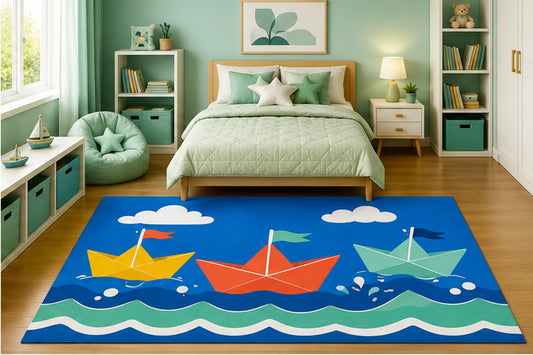 ICE ARMOR 5' x 7' Colorful Paper Boats on Ocean Waves Area Rug for Kids Bedroom Nursery Playroom Scandinavian Minimalist Nautical Decor Non-Slip Silicone Backing Low Pile