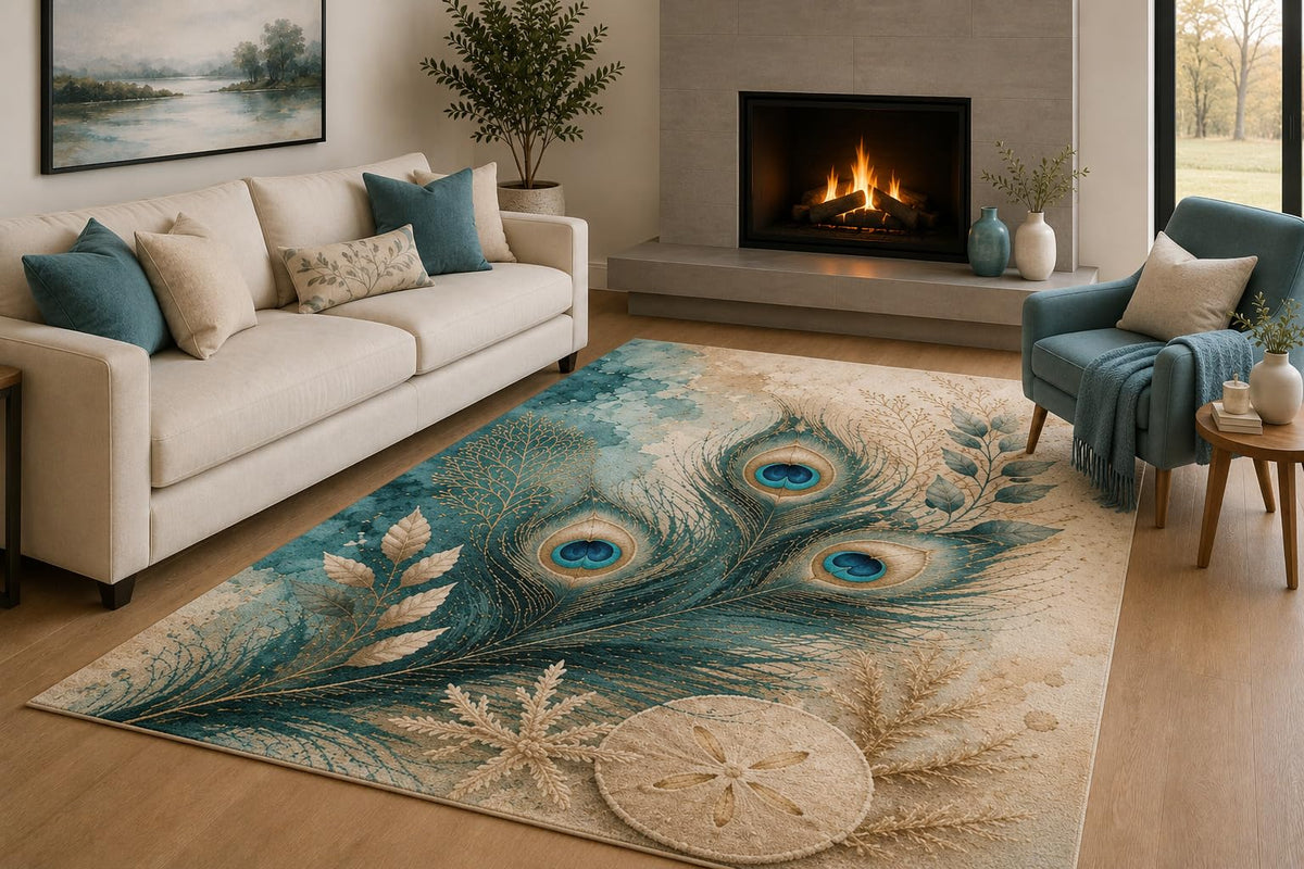ICE ARMOR 6'7" x 9'10" Peacock Feather Area Rug for Living Room, Soft Low Pile Indoor Rug with Non-Slip Silicone Backing, Decorative Floor Carpet for Bedroom, Dining Room and Home Office, Teal