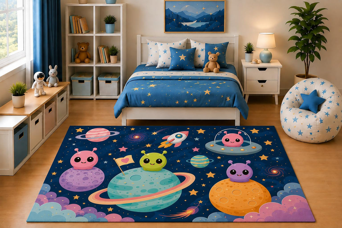 ICE ARMOR 5' x 7' Cute Alien Space Area Rug Cartoon UFO Planets Galaxy Stars Nursery Bedroom Playroom Decor for Boys Kids Room Non-Slip Silicone Backing Low Pile