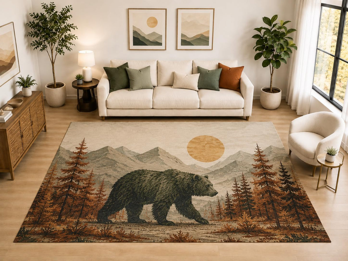 ICE ARMOR "Ultra Light Weight Large 6'7" x 9'10" Grizzly Autumn Mountain Rug, Soft Low Pile Indoor Rug, Non-Slip Silicone Backing for Bedroom Brown
