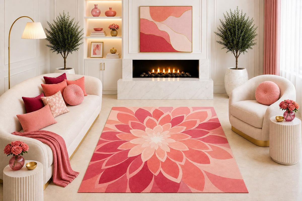 ICE ARMOR "Ultra Light Weight 5' x 7' Pink Coral Dahlia Area Rug, Modern Geometric Floral Bloom Design for Living Room Bedroom Dining Room, Non-Slip Silicone Backing Low Pile