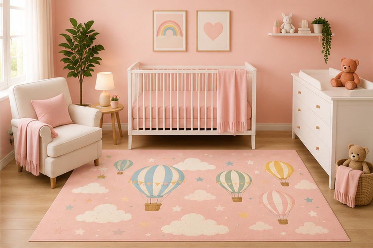 ICE ARMOR 5' x 7' Pastel Hot Air Balloon Area Rug for Nursery Room, Minimalist Clouds and Stars Baby Girl Bedroom Decor, Non-Slip Silicone Backing Low Pile